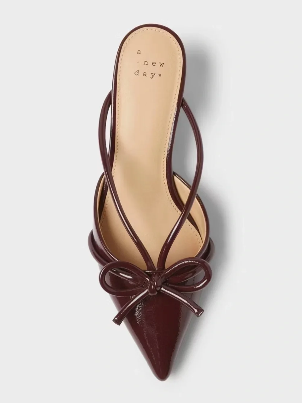 Patent Pointed-Toe Bow Kitten Heel Mules in Deep Wine